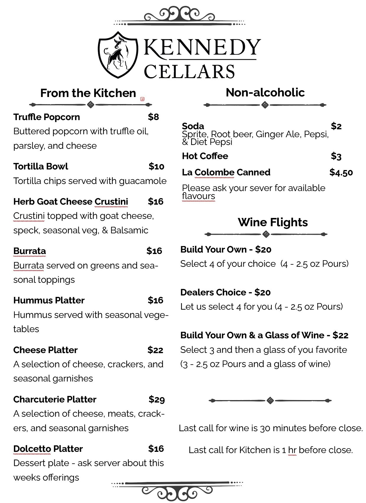 Tasting Room Menu Kennedy Cellars